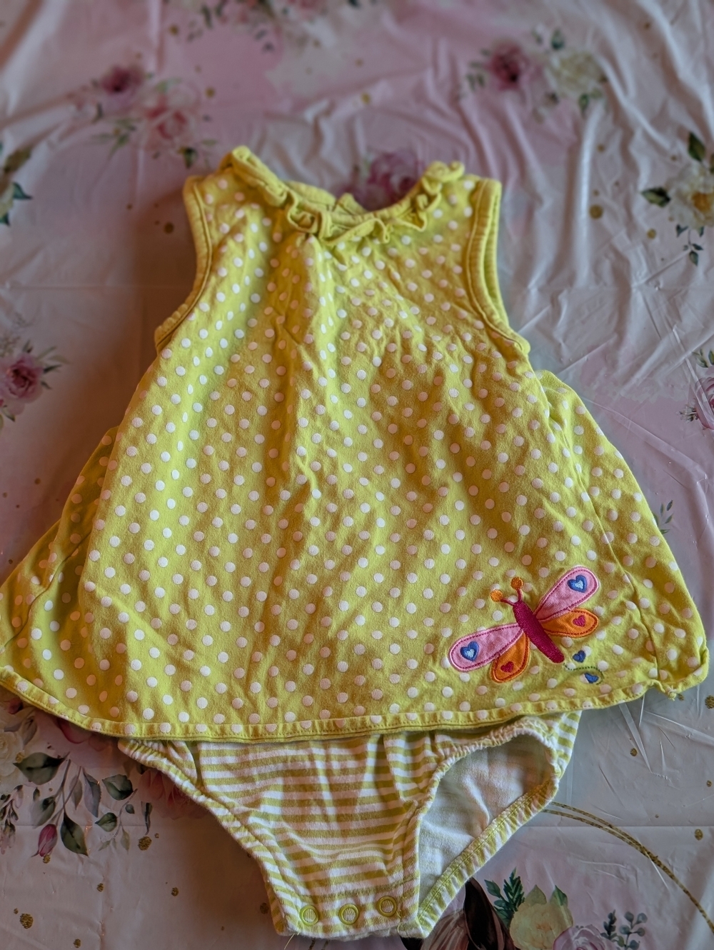 Carter's Yellow Polka Dot Dress-Onesie with Butterfly Embroidery/ 24 Months